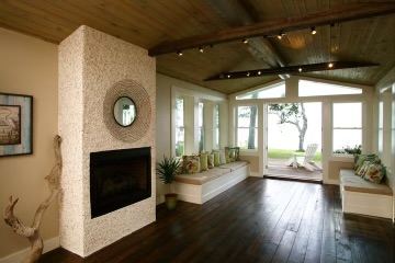 Interior view showcasing a seashell-themed fireplace